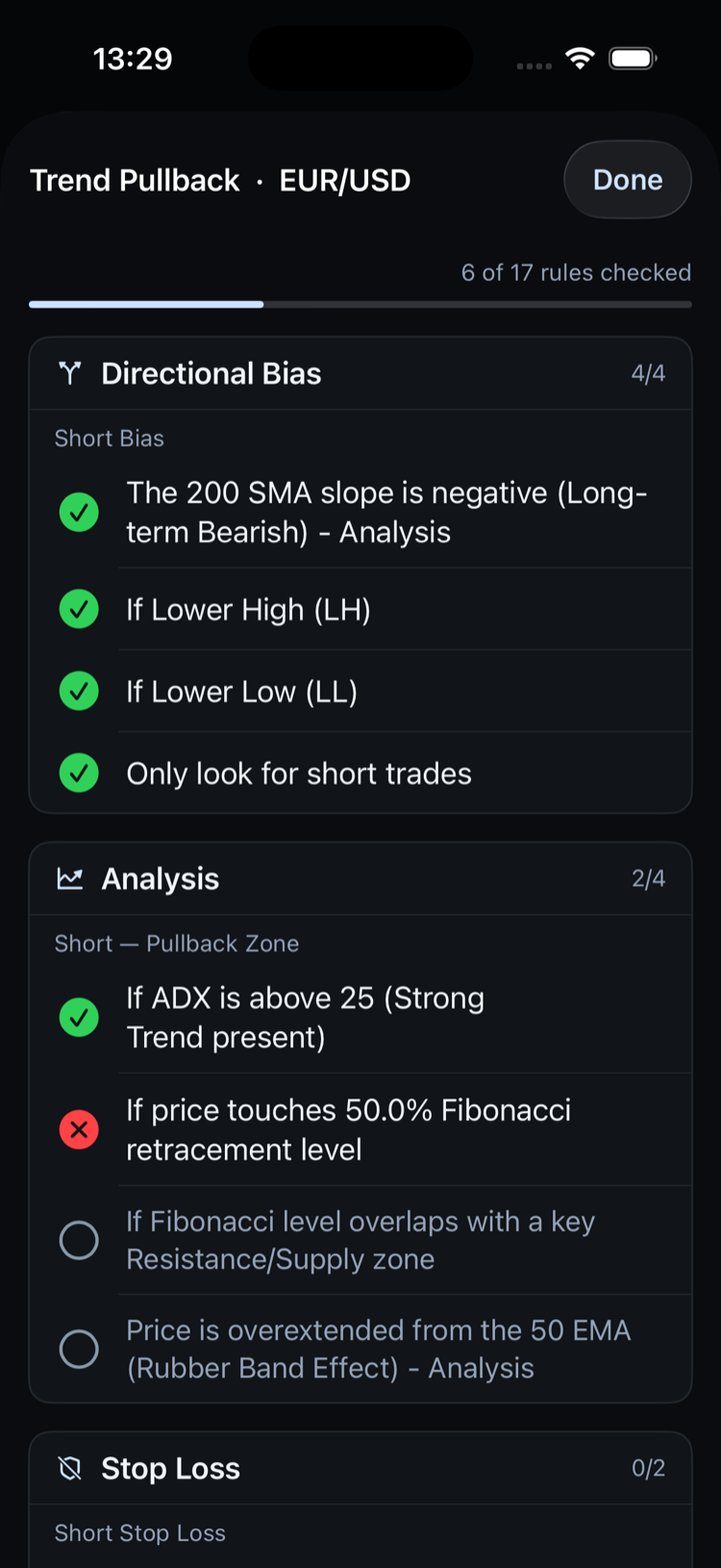 Strategy Flow — live rule checklist in progress